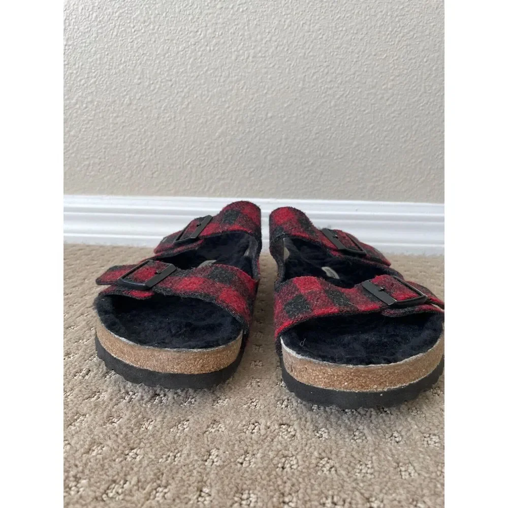Birkenstock Arizona Shearling Sandals Men 45 US‎ 12 Red Black Wool Adjustable